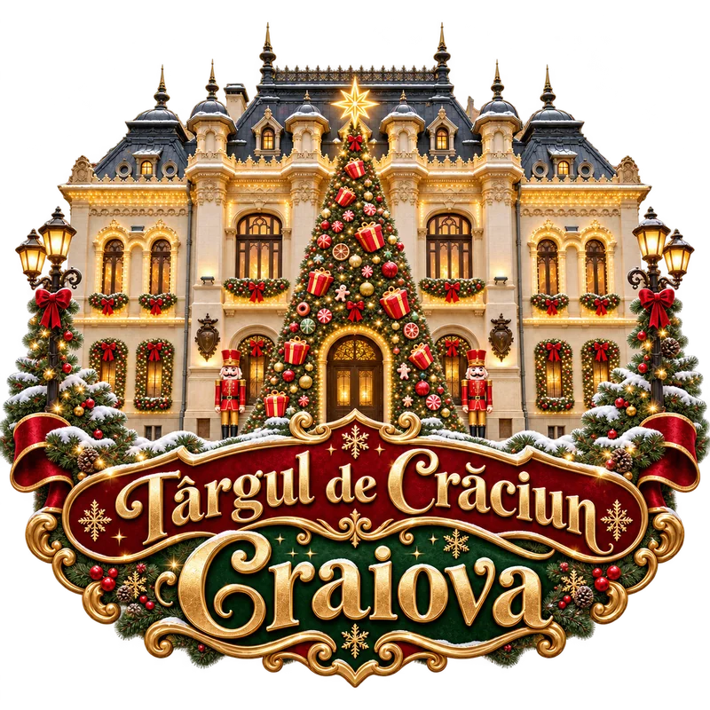 Târgul de Crăciun Craiova: clădire luminată de sărbători, cu bradul împodobit în față